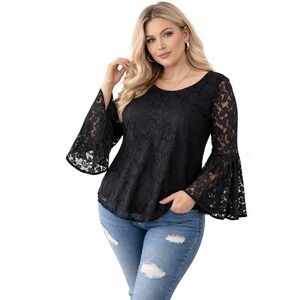 L&B Black Lace Bell Sleeve Top Women's 2X Stretch Lined Whimsigoth Fairy Witchy